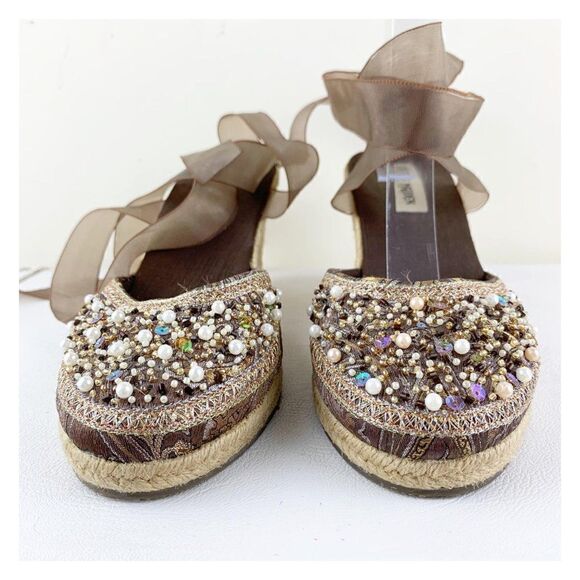 Steve Madden taupe Pearl/Bead/Crystal Embellished Wedge Ankle Wrap Boho Espadril - Picture 4 of 15